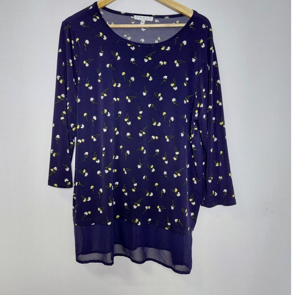 CHAUS new york Floral Print Top Blue Knit 3/4 Sleeve Women Size XL